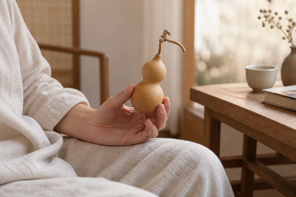 A relaxed hand cradles a small natural gourd above a linen-covered lap.