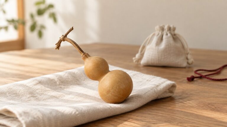 A natural Wenwan gourd rests on ivory linen beside a soft cotton pouch.