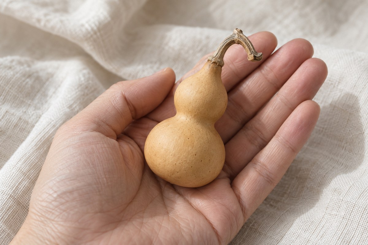 A small dried double-lobed gourd rests in a relaxed open palm.