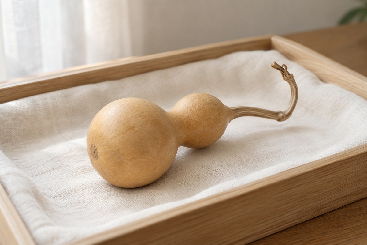 A small dried gourd rests in a softly lined shallow wooden tray.