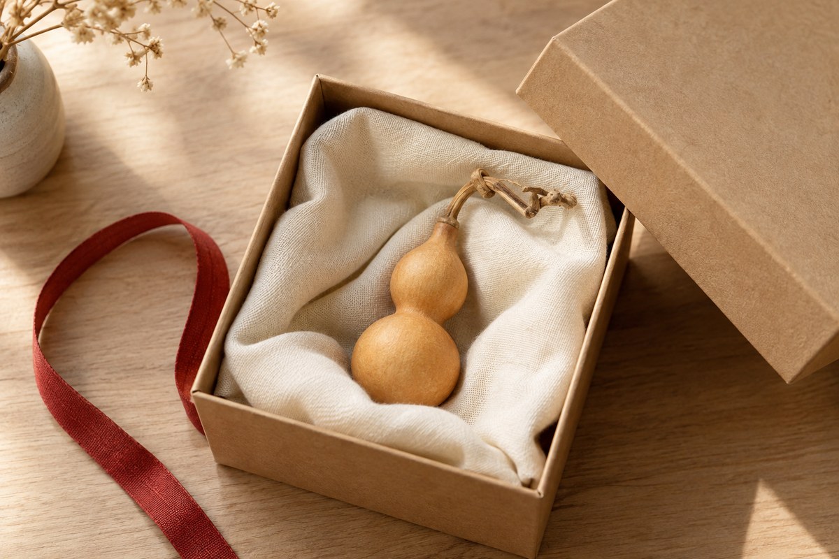 A small dried gourd nestles in soft cloth inside a simple gift box.