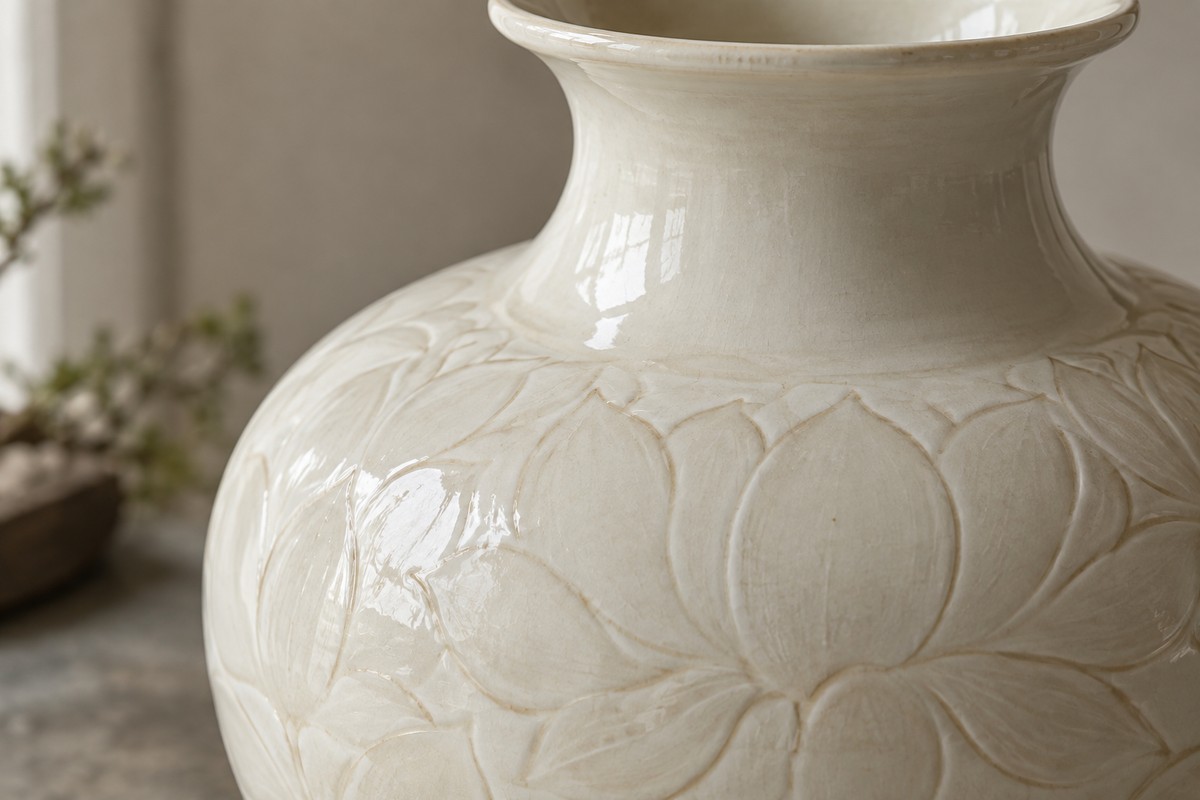 White-glazed vessel with gently carved lotus petals and a curved neck.