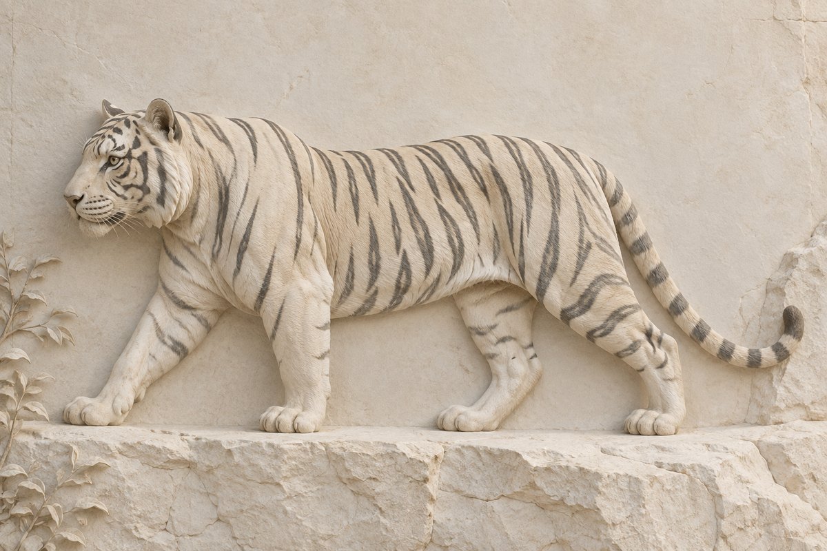 An ivory tiger with subtle dark stripes stretches across a ceramic relief.