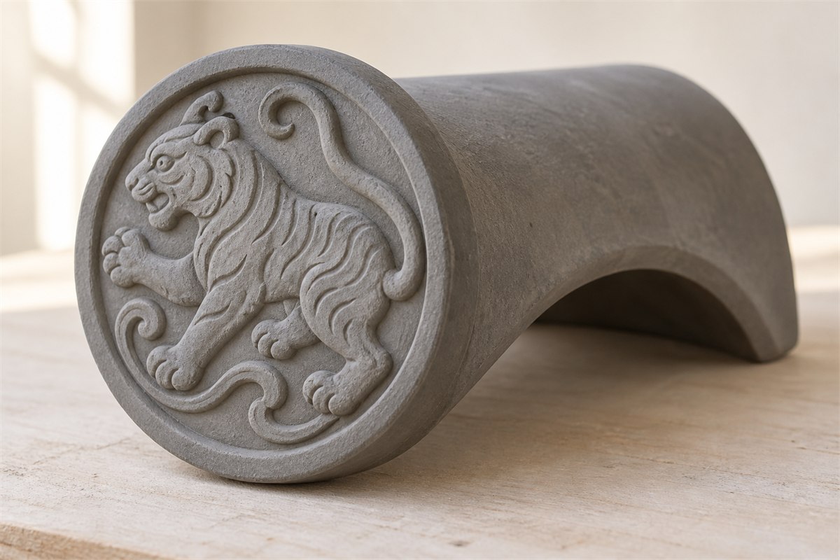 Circular gray tiger-relief tile end attached to a curved barrel tile.