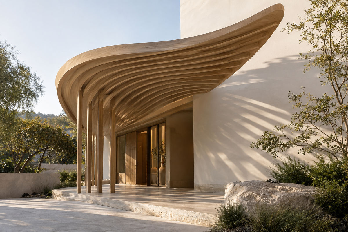A curved timber canopy casts soft shadows across an ivory entrance.