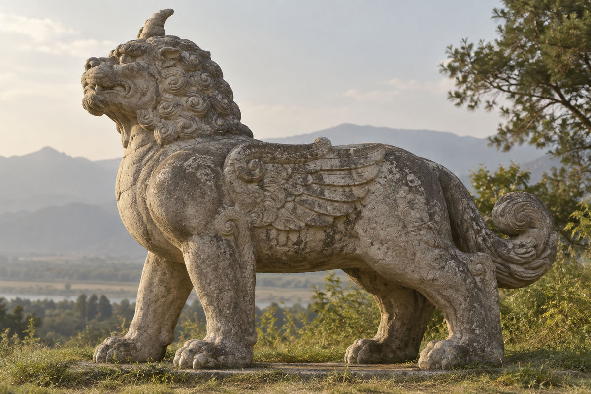 Winged stone guardian with an uplifted head beside a path