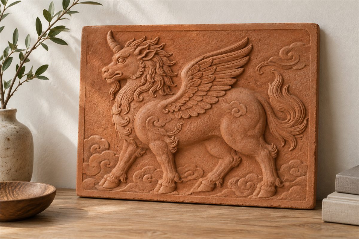 A one-horned beast with carved wings appears on a terracotta relief tile.