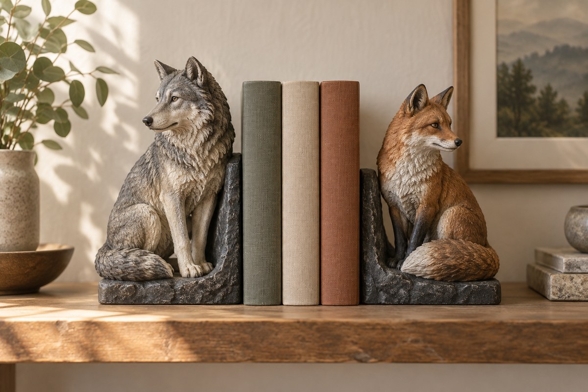 Fox and wolf bookends stand beside plain clothbound books.