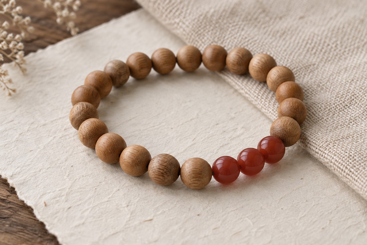 A light brown wooden bead bracelet accented with three polished red beads.