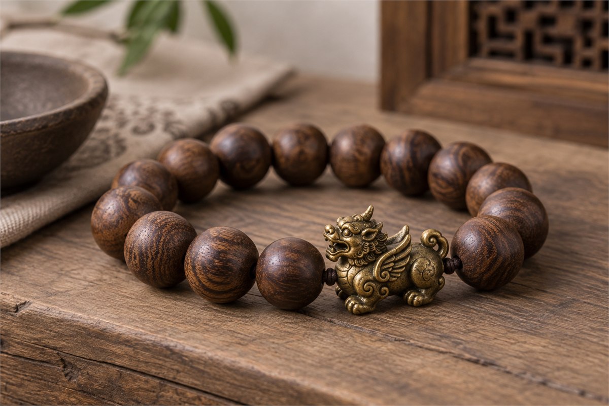 A small bronze-colored Pixiu charm sits among brown wooden beads.