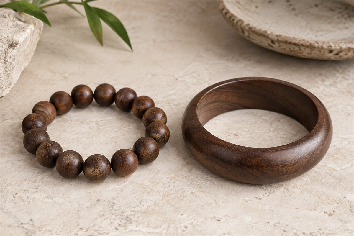 A loop of wooden beads sits beside a solid wooden bangle on pale stone.