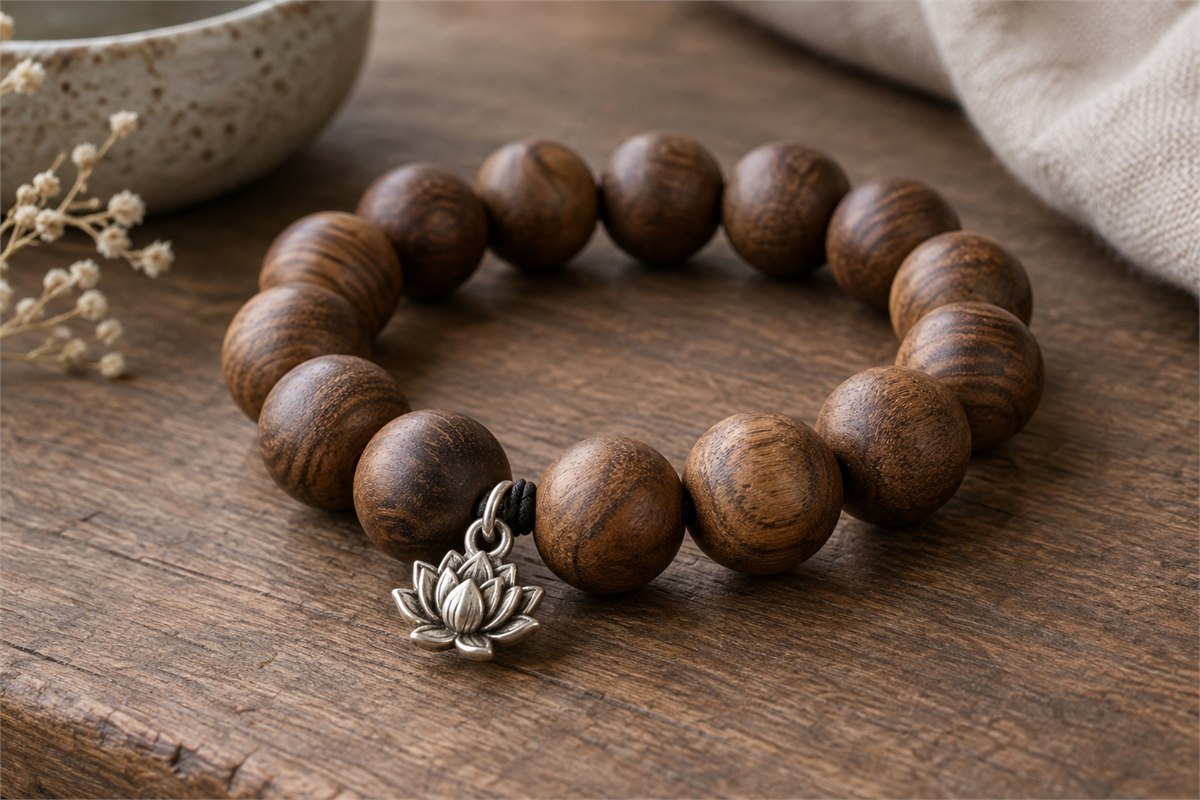 A small silver-colored lotus charm accents a strand of brown wooden beads.