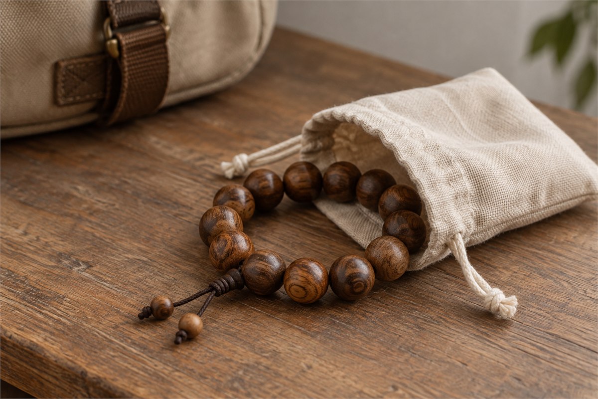 A wooden bead bracelet rests beside a linen pouch and the corner of a canvas travel bag.