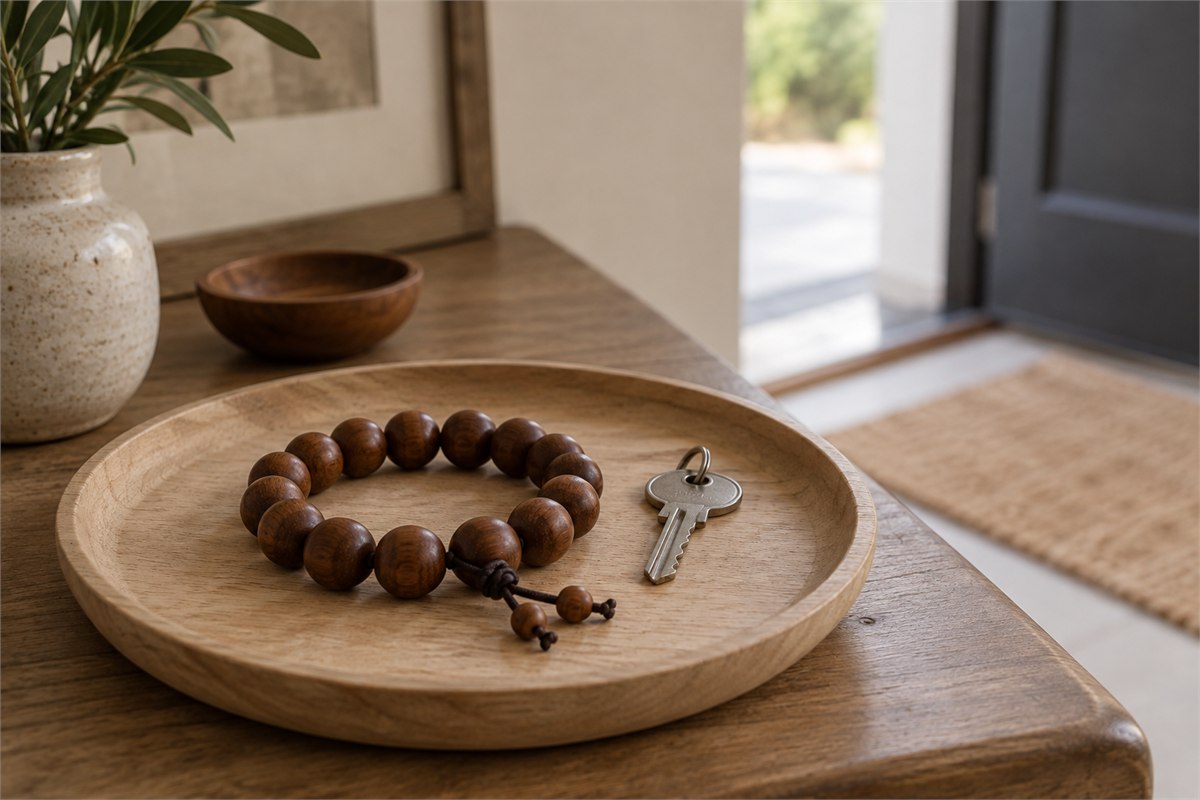 A wooden bead bracelet and a house key rest on a pale wooden entryway tray.