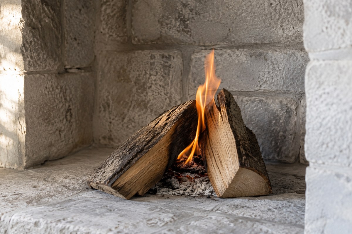 Two dry wood pieces burn with a small flame inside a clean stone hearth.