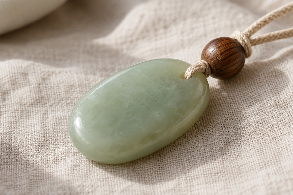 A pale jade-like pendant lies beside a smoothly finished wooden bead on linen.