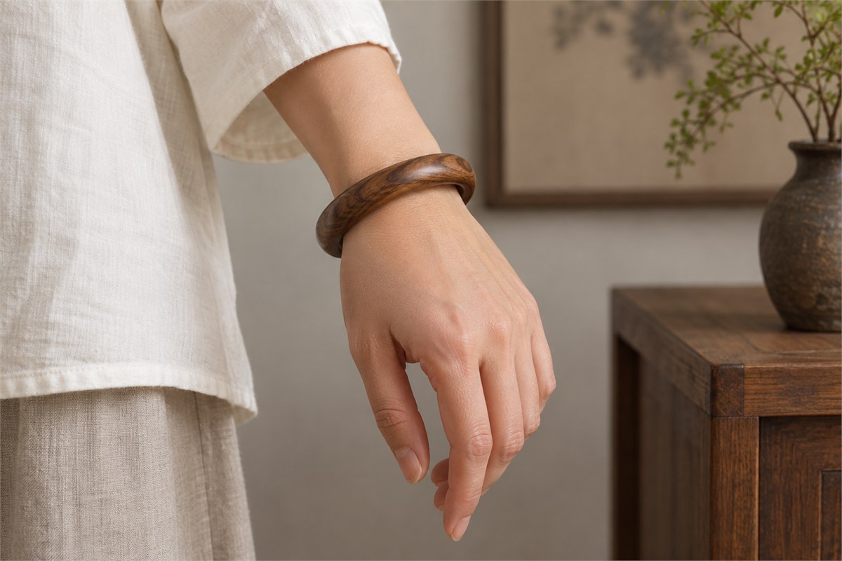 A smooth wooden bangle rests loosely on an adult wrist above a relaxed hand.