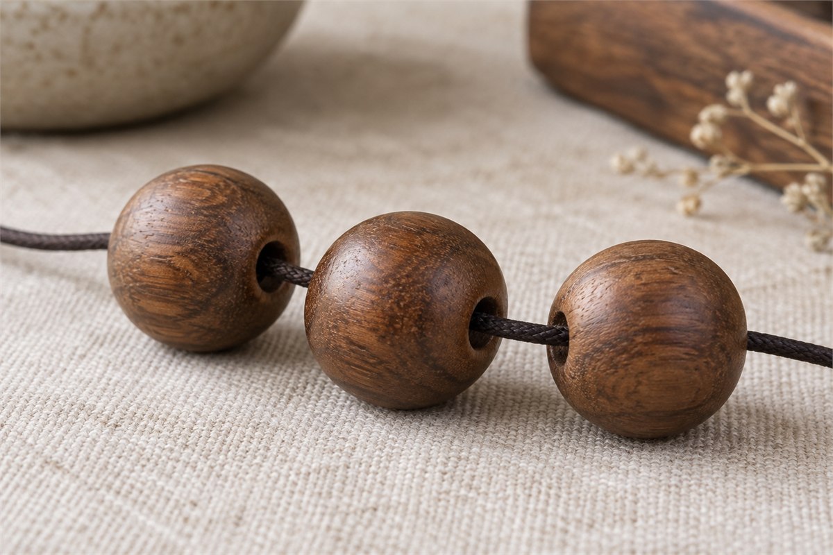 Close view of smooth drilled holes and a dark cord joining polished wooden beads.