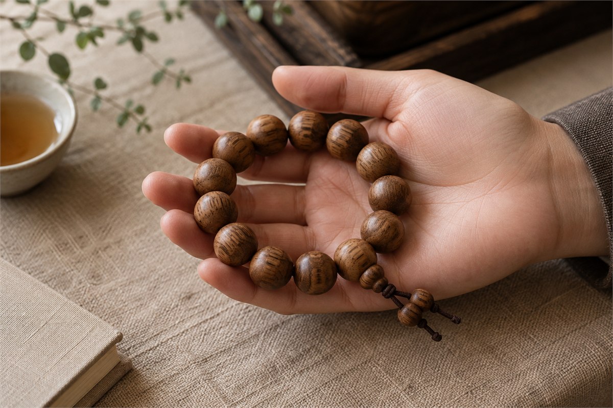 A relaxed hand holds a short loop of brown wooden beads over a linen-covered table.