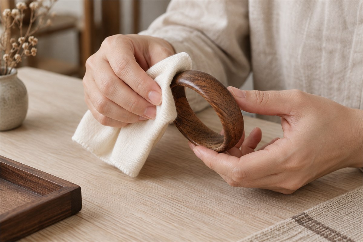 Two hands gently wipe a wooden bangle with a soft, dry ivory cloth.