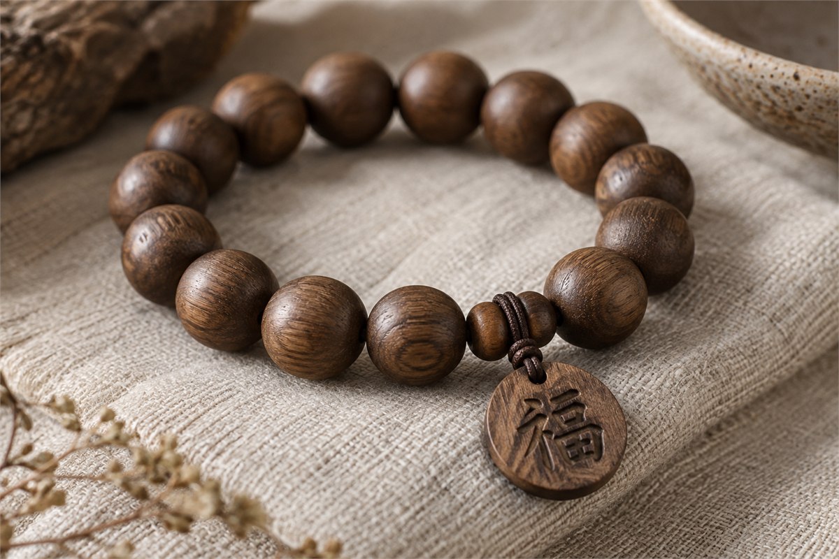 A small wooden charm carved with the Chinese character 福 hangs from a wooden bead bracelet.