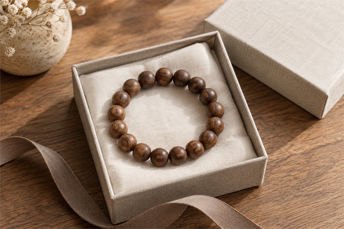 A wooden bead bracelet rests inside an open linen-covered gift box.