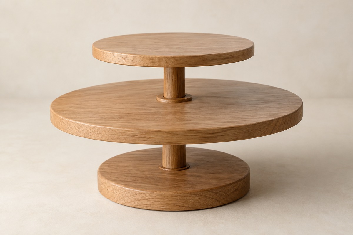 Two smooth wooden discs sit on a shared central spindle.
