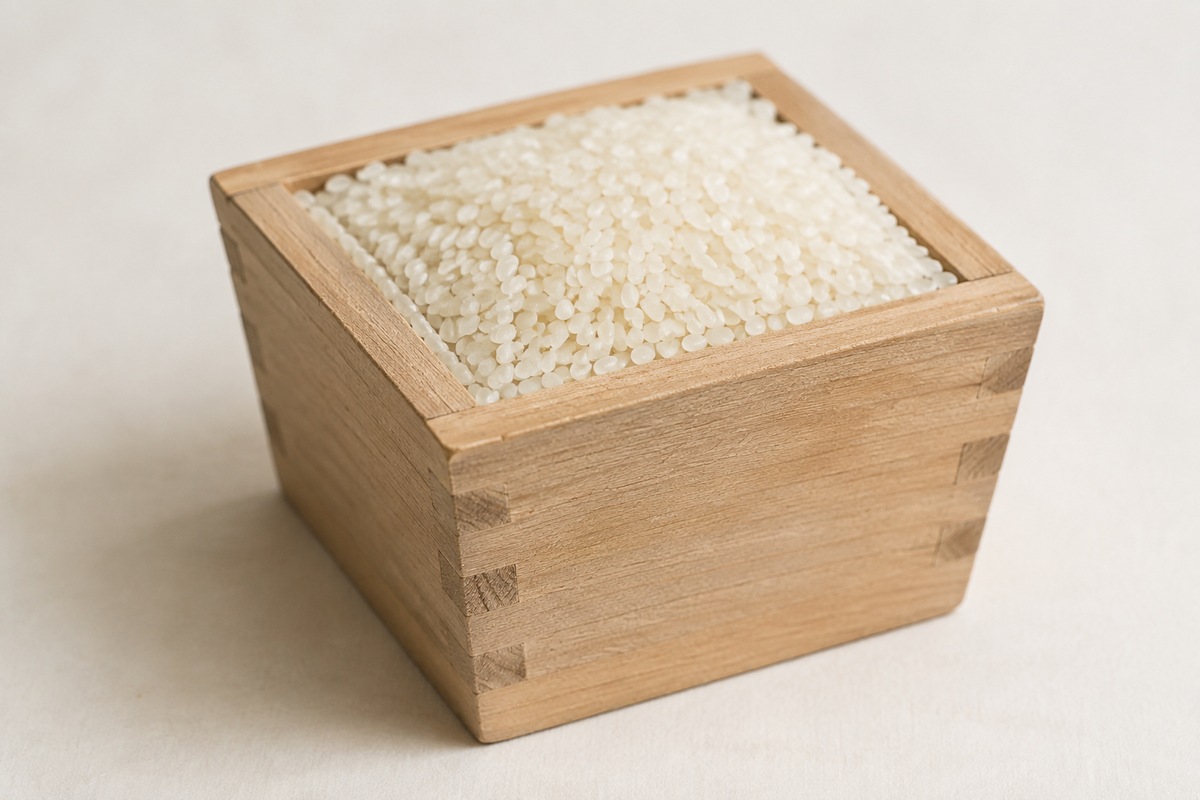 Dry rice fills a tapered square wooden measure.