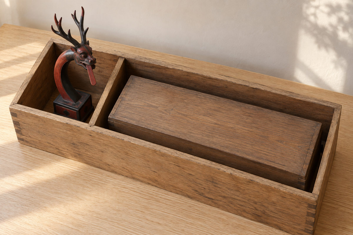 Wooden enclosure model with an antlered guardian in a head compartment