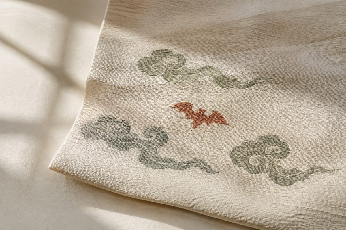 A modern silk tapestry panel with one bat and curling clouds in muted threads.
