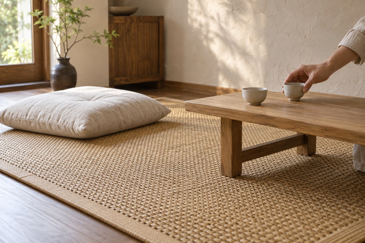 Woven floor mat and low wooden table with two cups in a softly lit sitting room