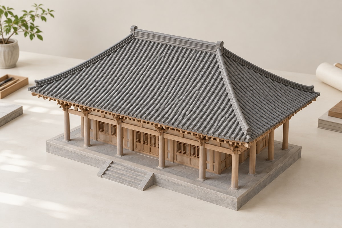 A gray tiled hipped roof model with a horizontal main ridge and diagonal corner ridges.