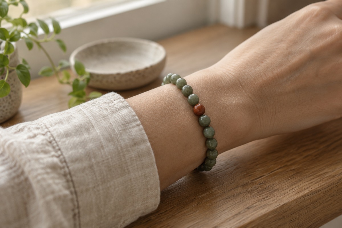 A green bead bracelet with a small muted red accent rests on an adult wrist beside an ivory sleeve.