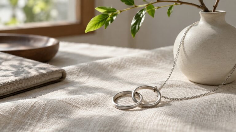 Two interlocked silver rings on a chain rest on ivory linen beside a cream vase with a green branch.