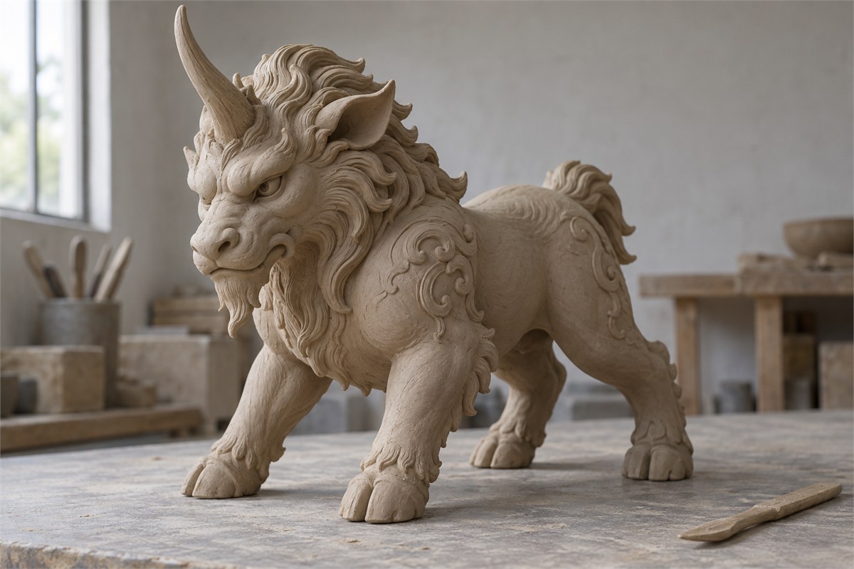 A clay one-horned beast stands alert on a sculptor’s workbench.