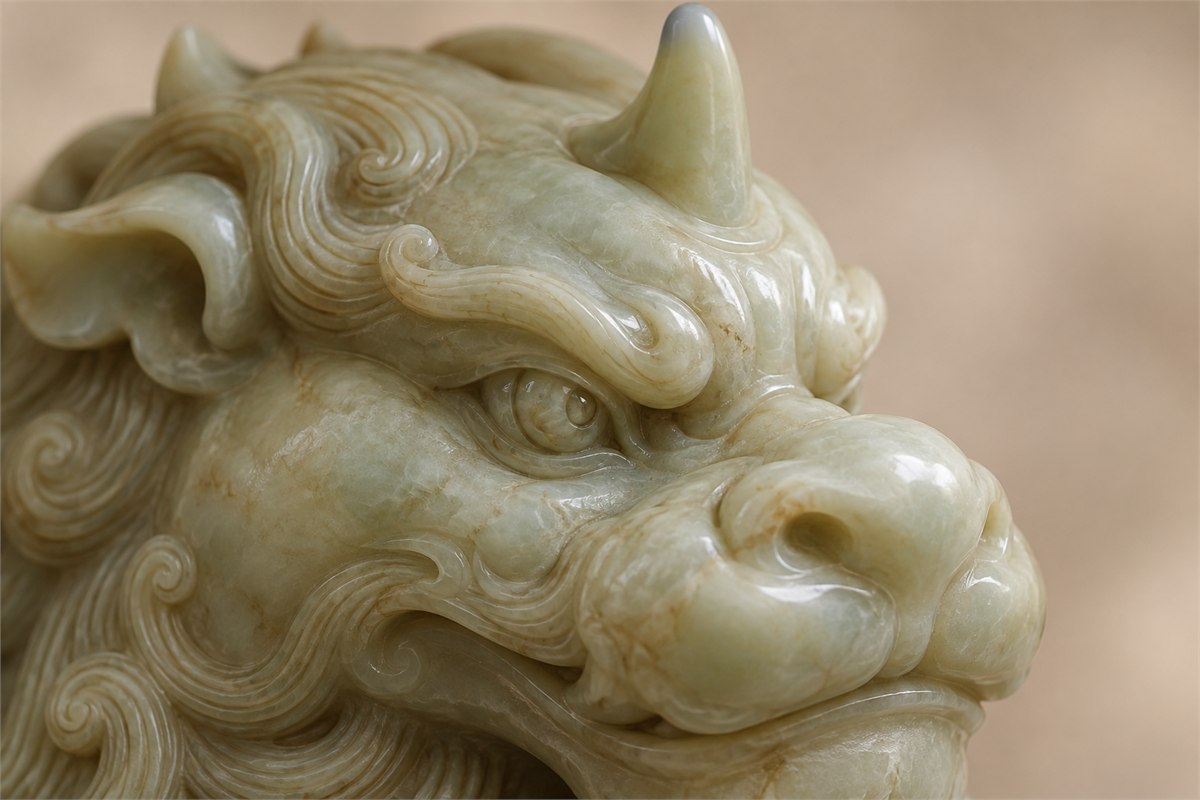 Close view of a jade Xiezhi’s eye, muzzle, and carved mane.