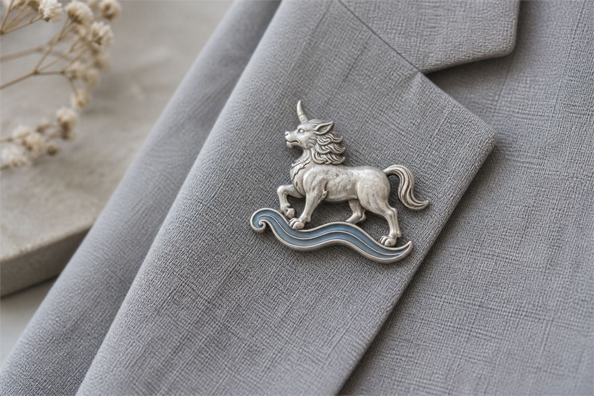 A small silver-colored Xiezhi brooch sits above a muted blue enamel wave.