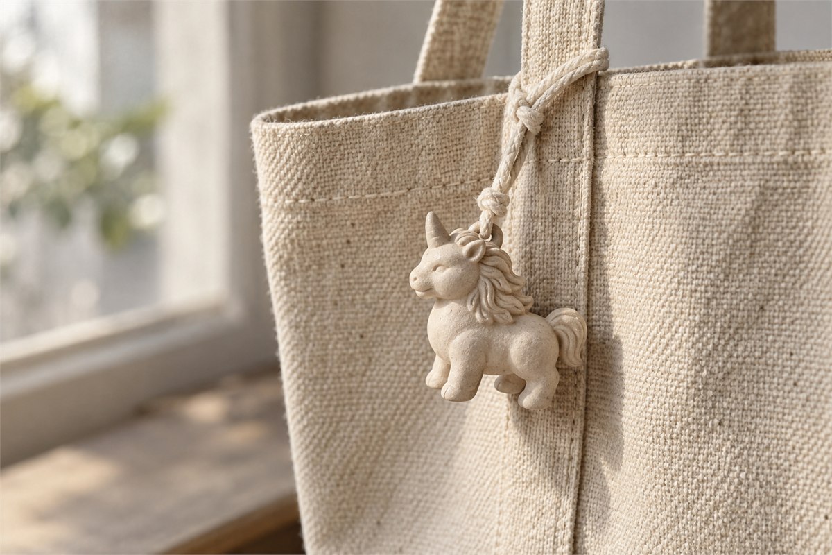 A small rounded clay-colored beast charm hangs from a canvas bag loop.