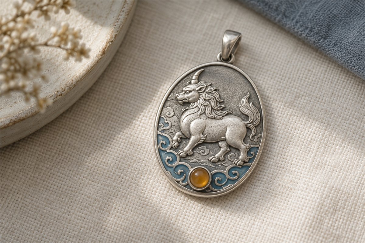A silver-colored beast pendant has a muted blue enamel border and a small amber-colored accent.