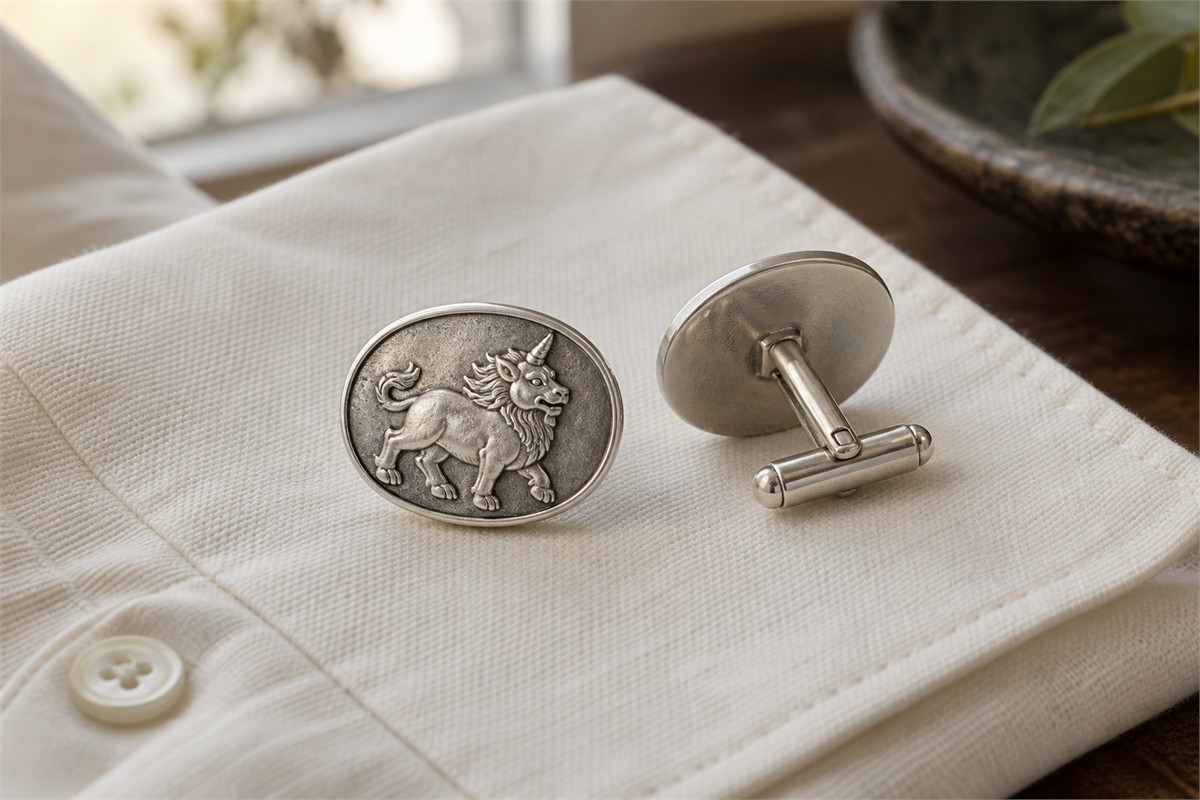 Two silver-colored cufflinks show a beast relief face and a hinged toggle fastening.