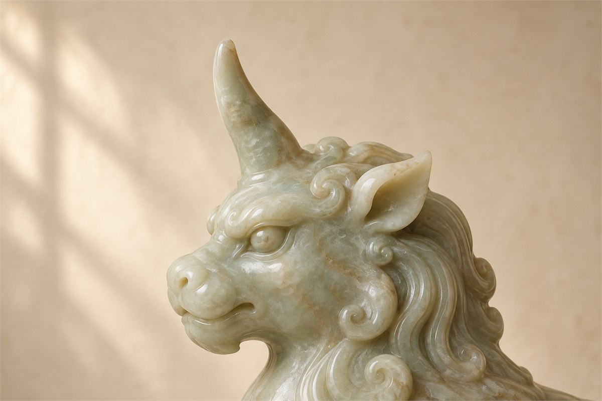 Side detail of a single jade horn rising from a Xiezhi’s forehead.
