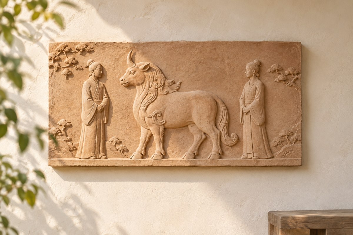 A clay relief places a one-horned beast between two standing figures.