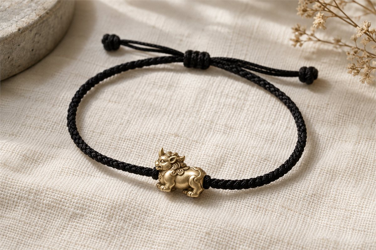 A rounded gold-colored beast bead sits at the center of a black braided bracelet.