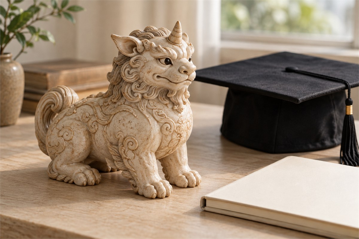 A small guardian paperweight sits beside a plain graduation cap and closed notebook.