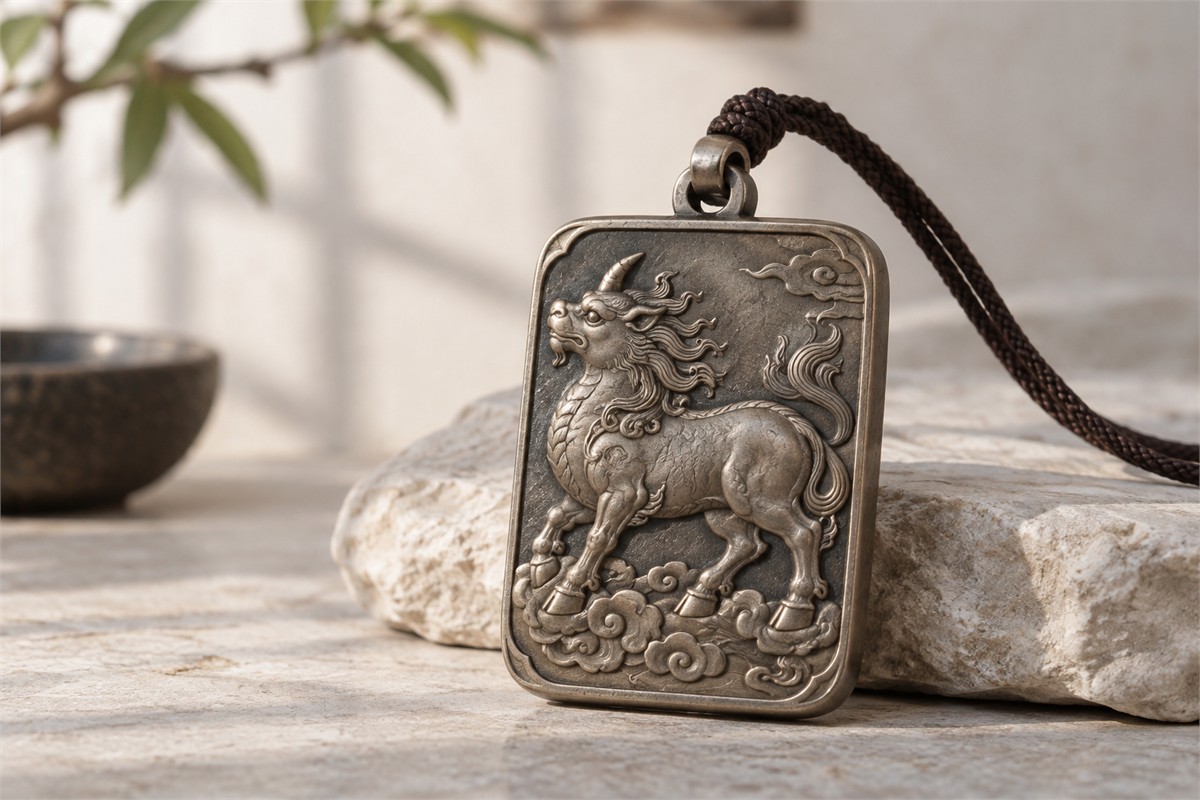 A complete single-horned beast pendant shows its stance, mane, tail, and cloud setting together.