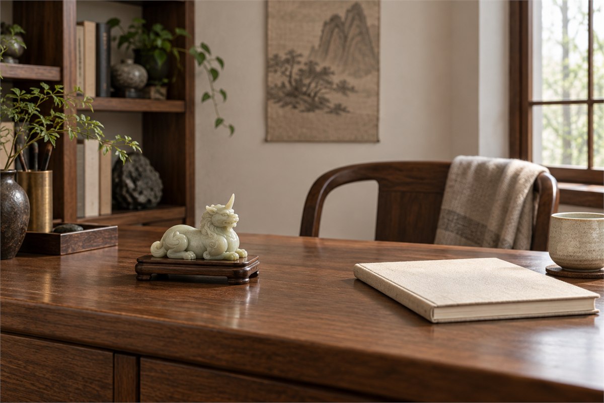 A small jade Xiezhi on a spacious reading desk in a sunlit room.