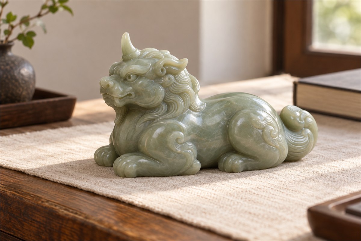 Celadon jade Xiezhi reclining on ivory linen beside books.
