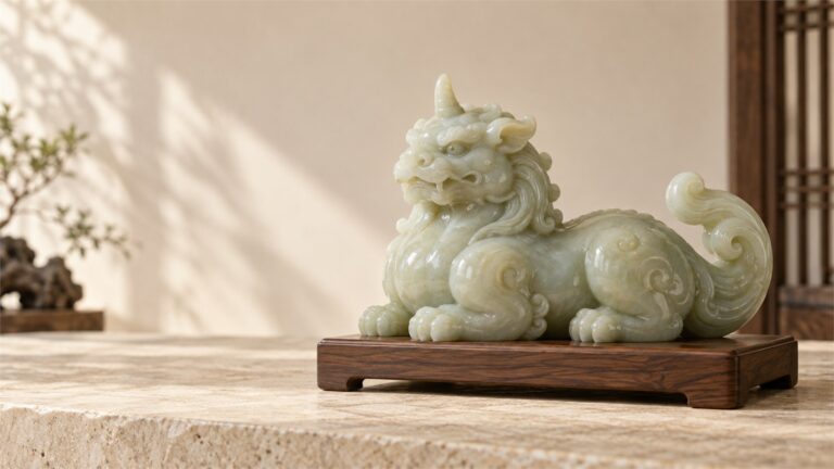 A celadon jade Xiezhi displayed on warm wood in a spacious sunlit setting.