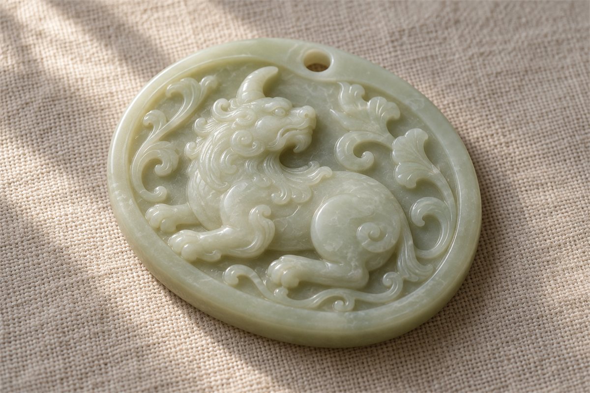 An oval jade plaque with a raised horned beast and scrolling foliage.