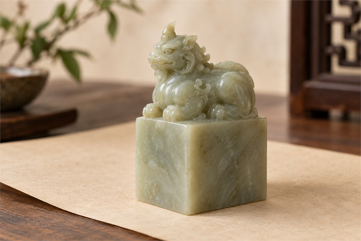 A small square jade seal with a reclining horned beast carved on top.